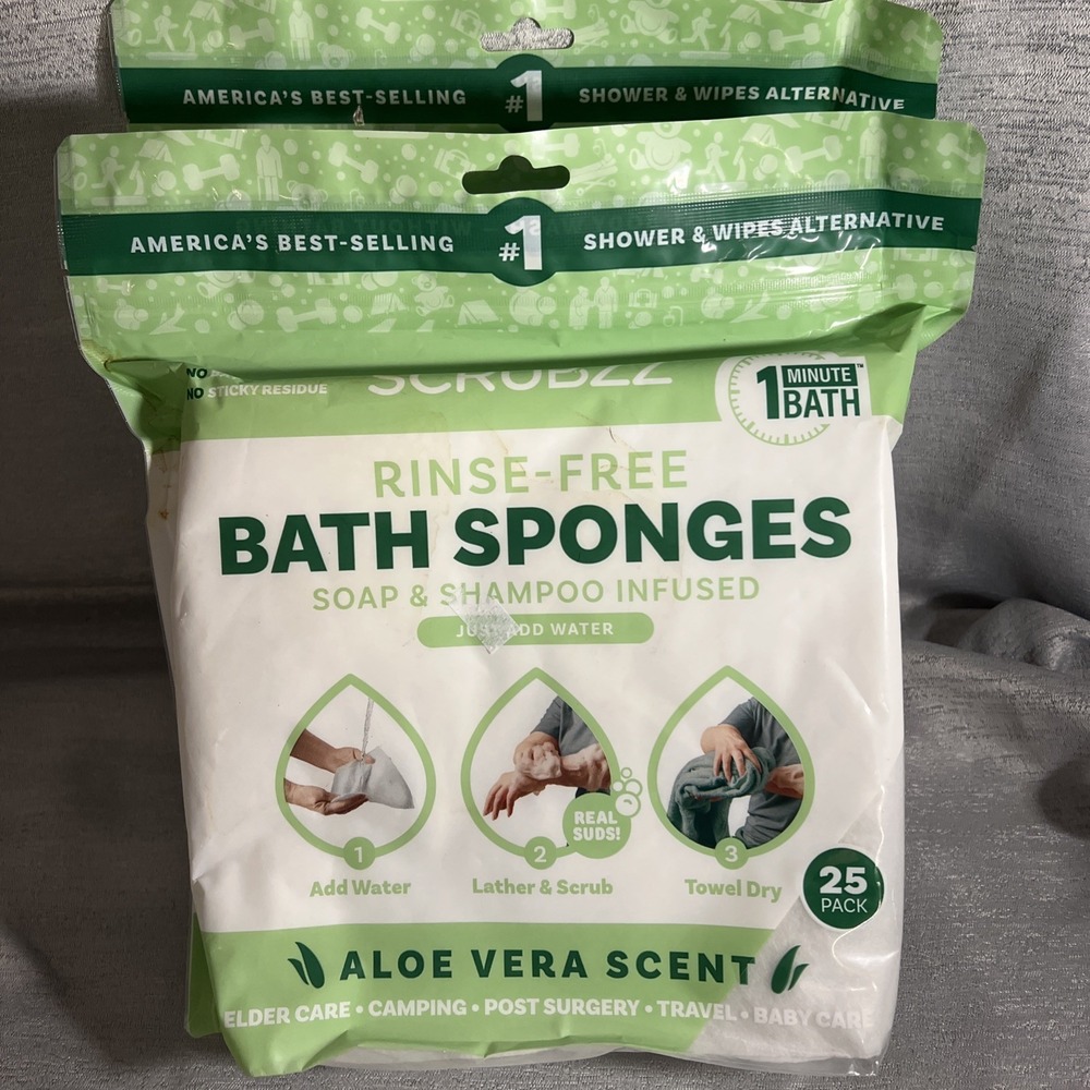 Scrubzz Rinse-Free Bath Sponges Aloe Vera lot of 2 - 25 pk NEW
